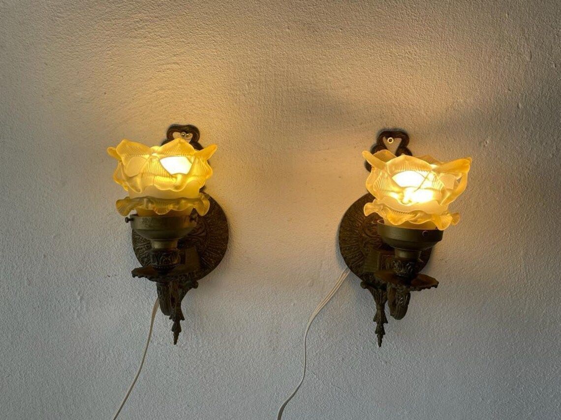 photo for sale Unique French Flower Shaped Smoke Glass & Brass Pair Of Sconces, 1940s, France