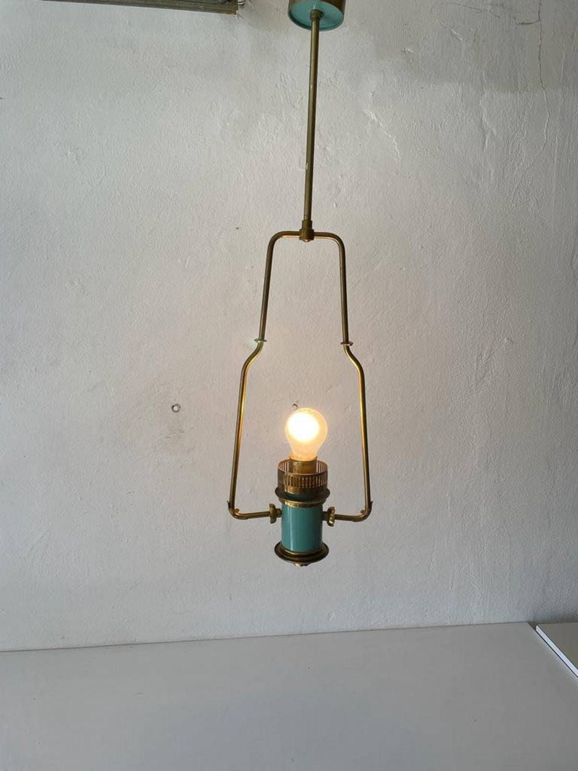 Italian Exceptional Brass & Turquois Green Pendant Lamp, In Style Of Stilnovo, 1950s, Italy photo for sale