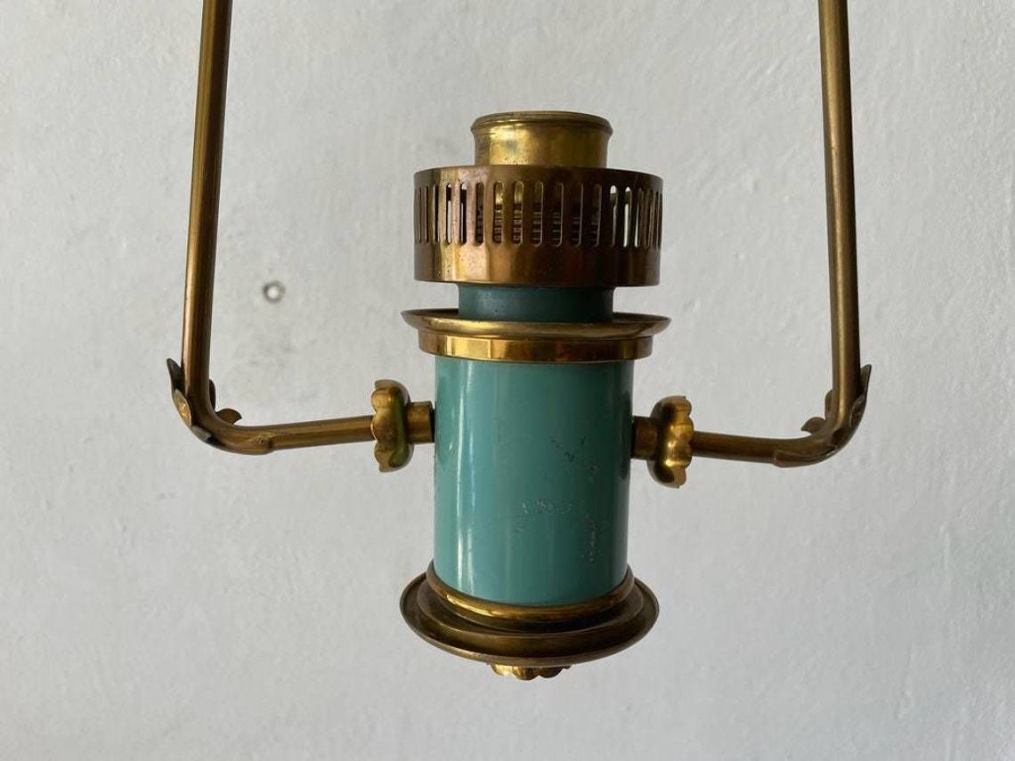 Italian Exceptional Brass & Turquois Green Pendant Lamp, In Style Of Stilnovo, 1950s, Italy photo buy