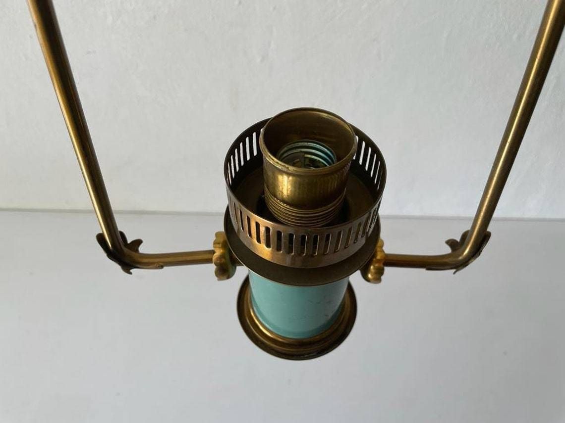 Italian Exceptional Brass & Turquois Green Pendant Lamp, In Style Of Stilnovo, 1950s, Italy photo vintage
