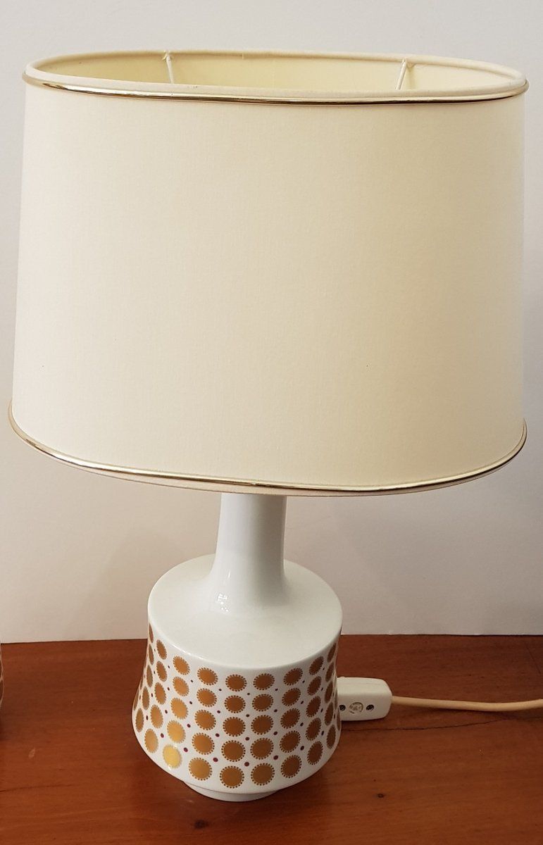 White Table Lamp With Porcelain Foot And Gold Ornamental 1960s photo for sale