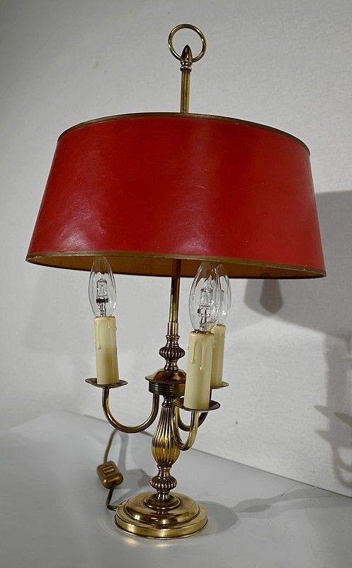 Bouillotte Lamp In Brass With Red Shade, Louis XVI Style   Xxth photo Lighting