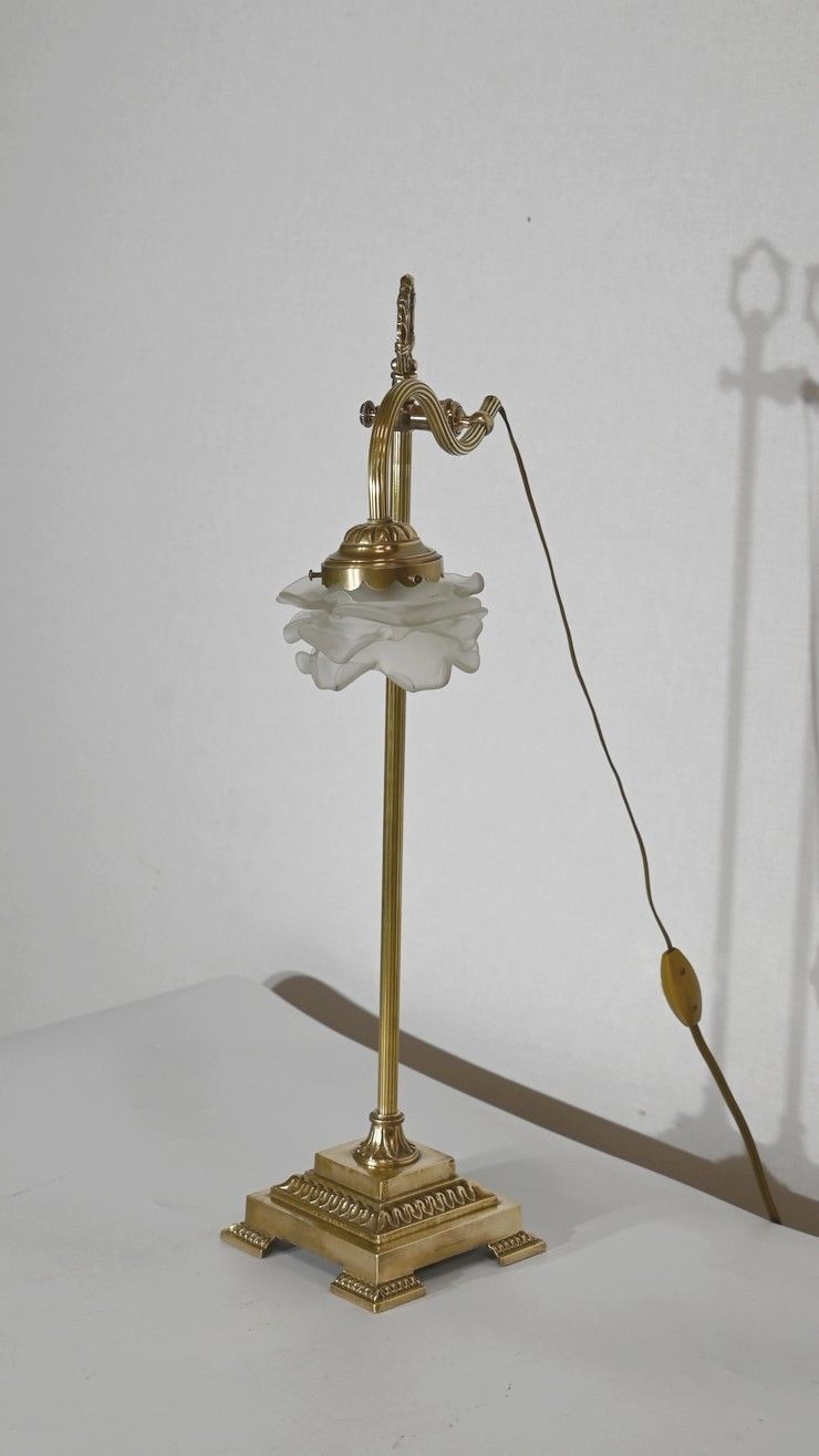 Small Tulip Lamp In Glass And Bronze, Adjustable, Art Deco – 1920 photo Lighting