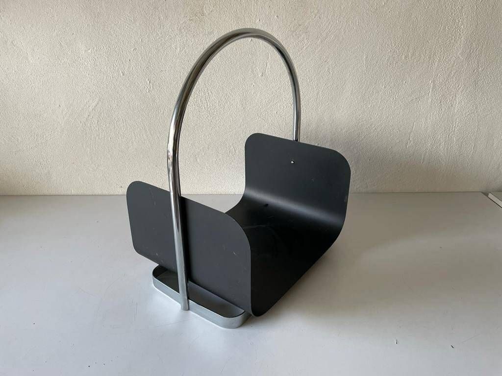 Modernist Arc Shaped Chrome And Black Metal Magazine Stand, 1970s, Germany photo for sale