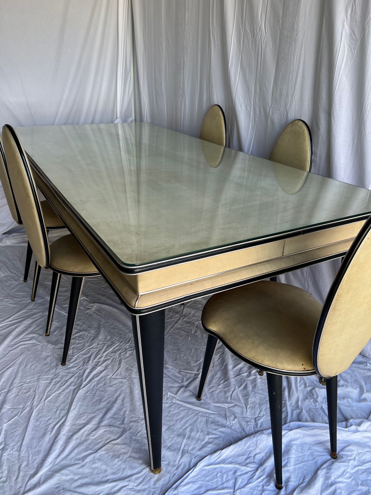 photo for sale Vintage Italian Umberto Mascagni Formica Table With Plate Glass Cover And Five Chairs