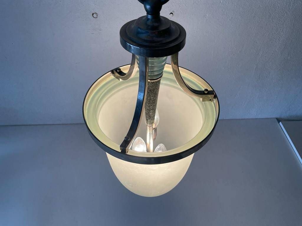 photo furniture Exceptional Green Glass And Marble Art Deco Chrome Body Ceiling Lamp, 1940s, Italy