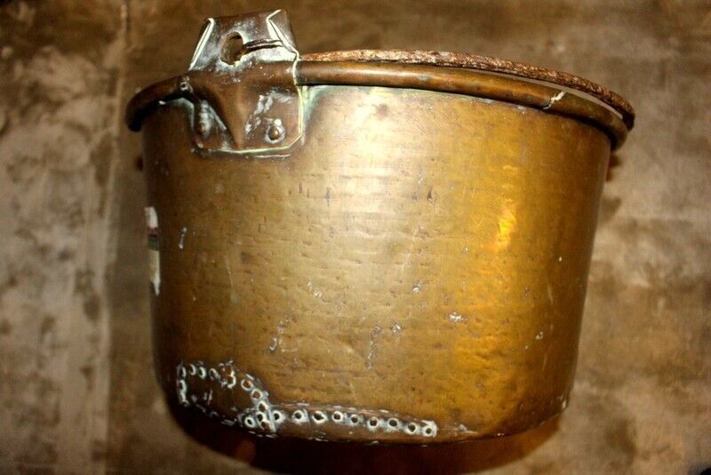 Ancient Original Large French Copper Cauldron Pot Log Fire Bin Planter photo furniture