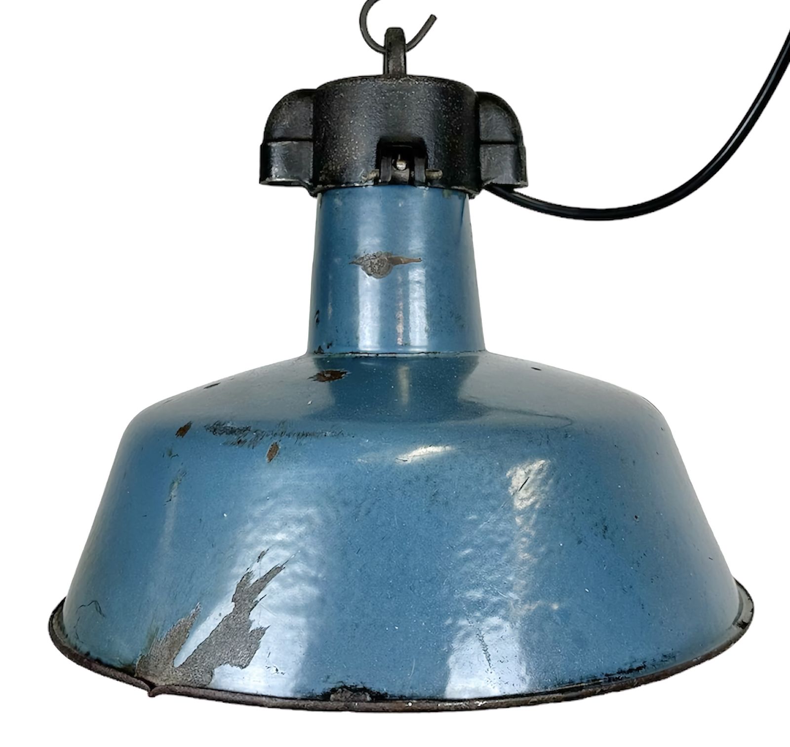 Industrial Blue Enamel Factory Lamp With Cast Iron Top, 1960s