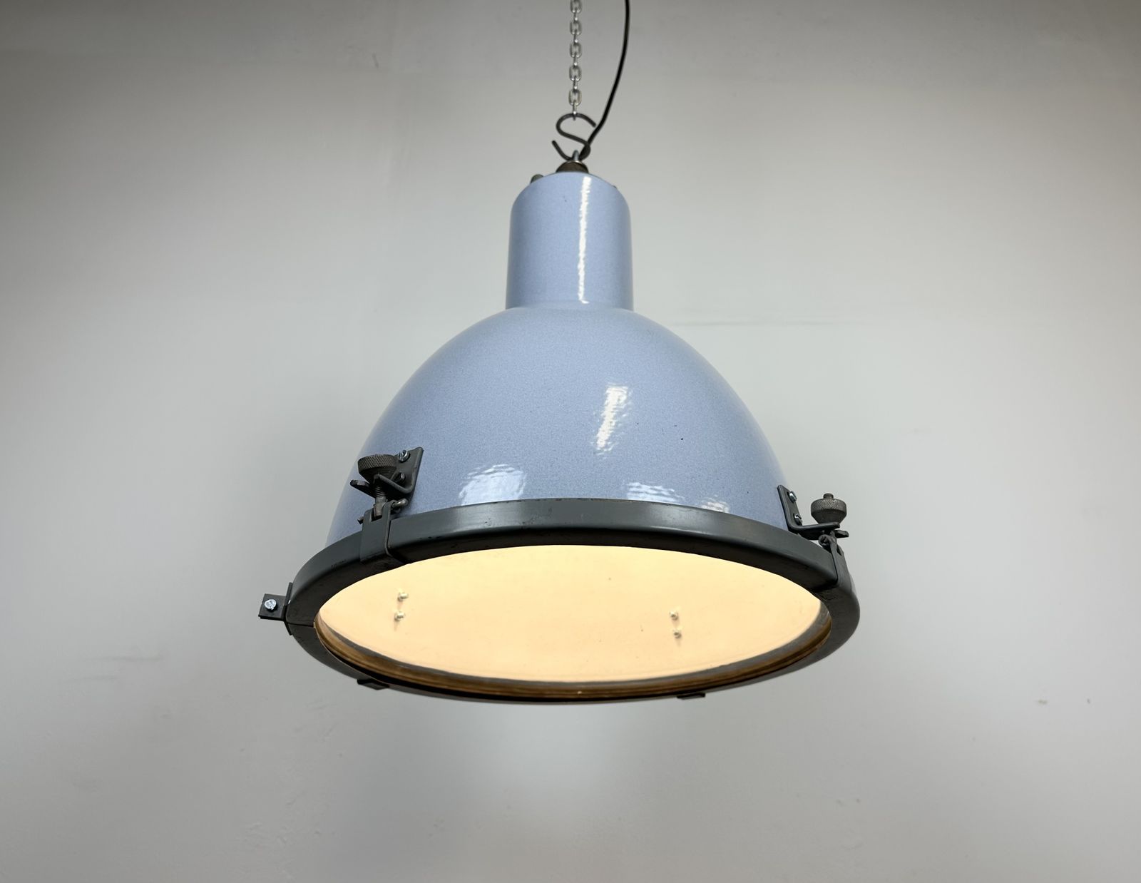 Bauhaus Grey Enamel Factory Pendant Lamp With Glass Cover, 1950s, 18x photo vinterior