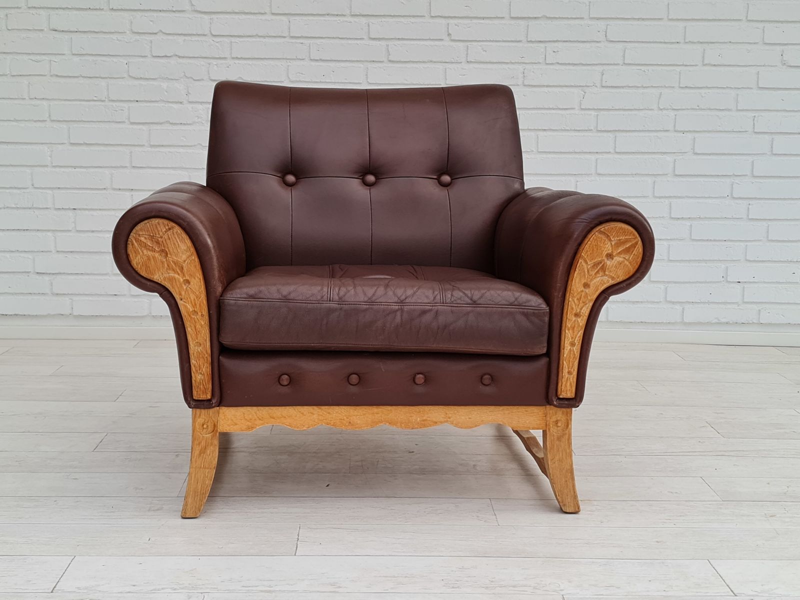 70s, Vintage Danish Armchair, Leather, Oak Wood photo furniture