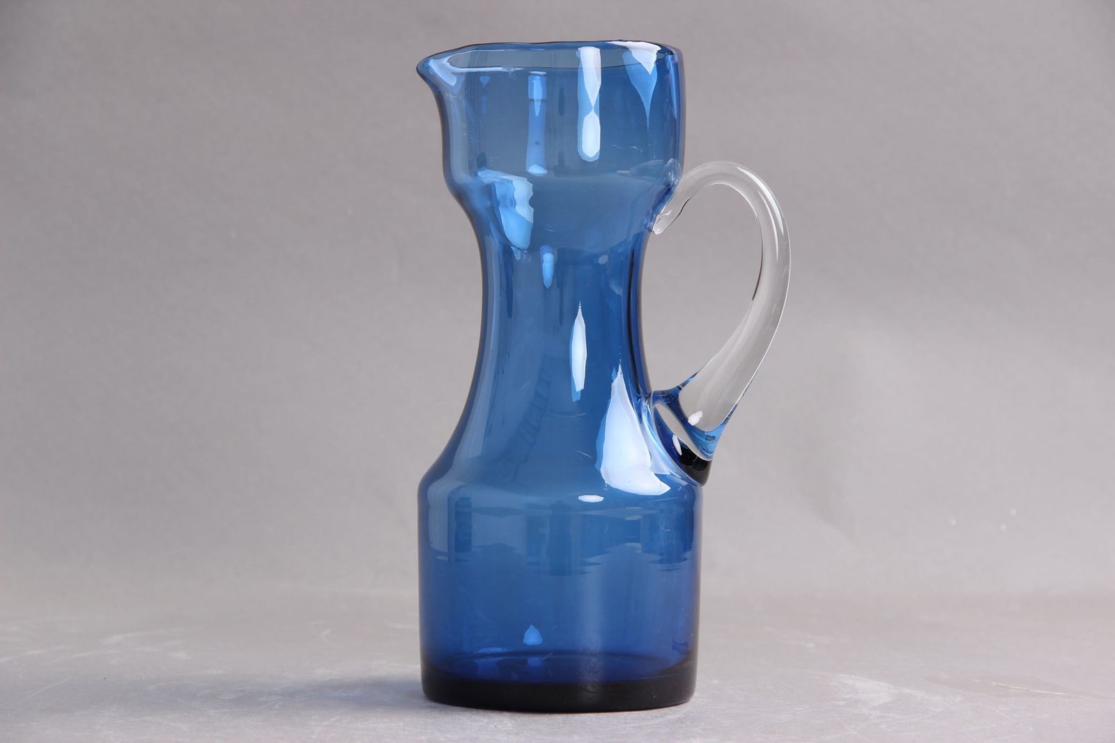 Glass Jug In Blue Glass With Attached Handle In Transparent Glass, Typical 1950s 1960s Design In High Quality.