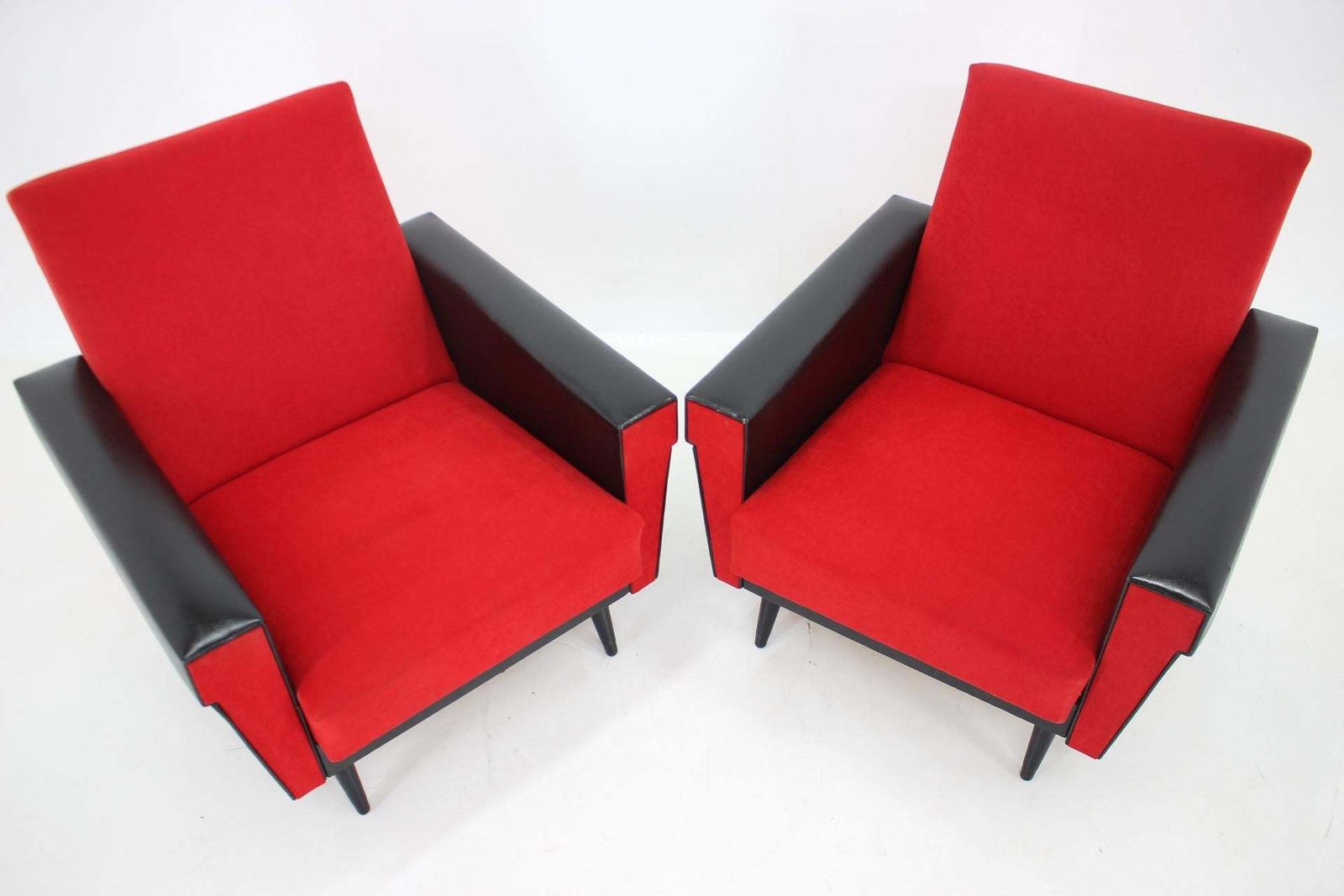 1970's Pair Of Leatherette And Red Fabric Armchairs, Czechoslovakia photo for sale