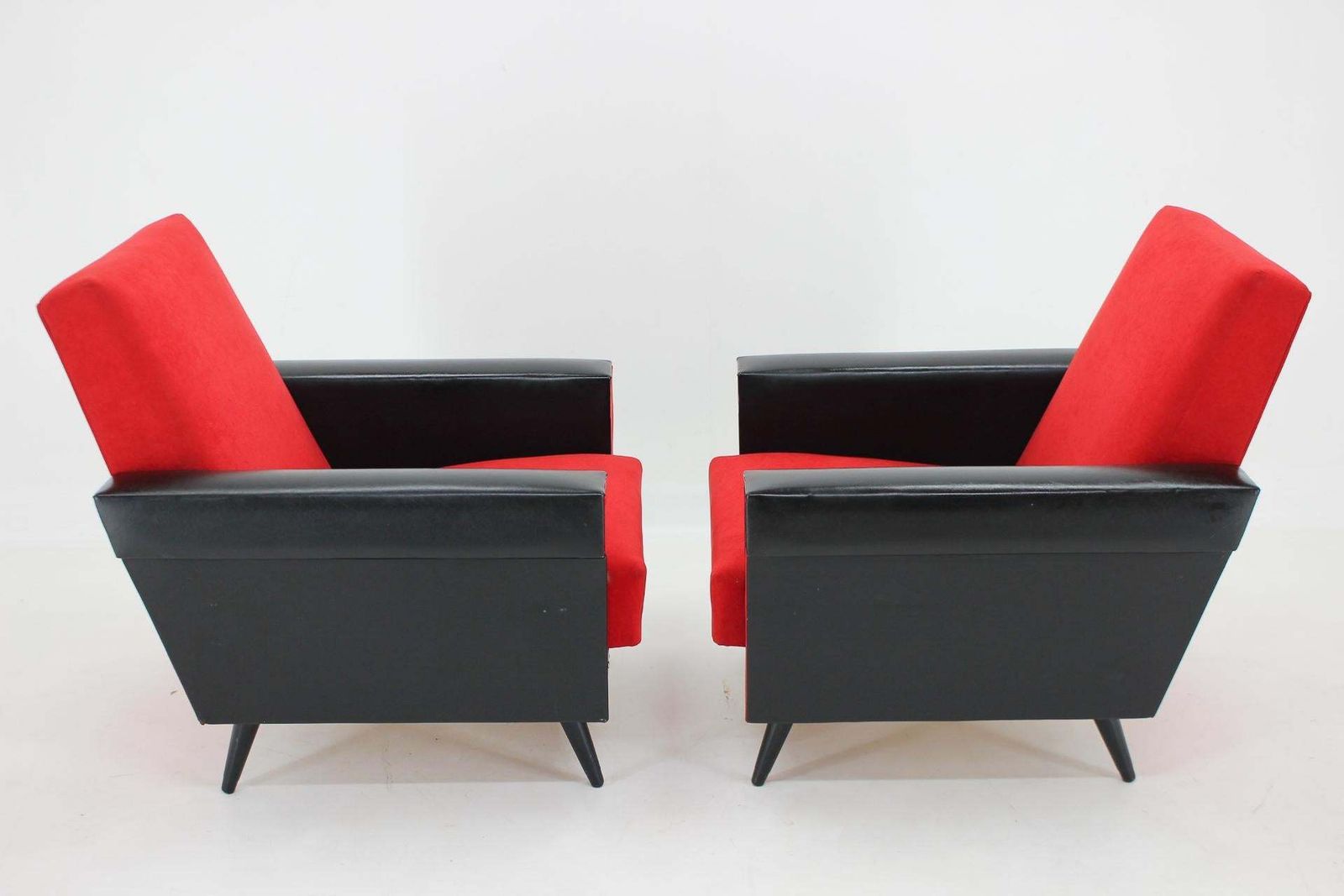 1970's Pair Of Leatherette And Red Fabric Armchairs, Czechoslovakia photo Furniture