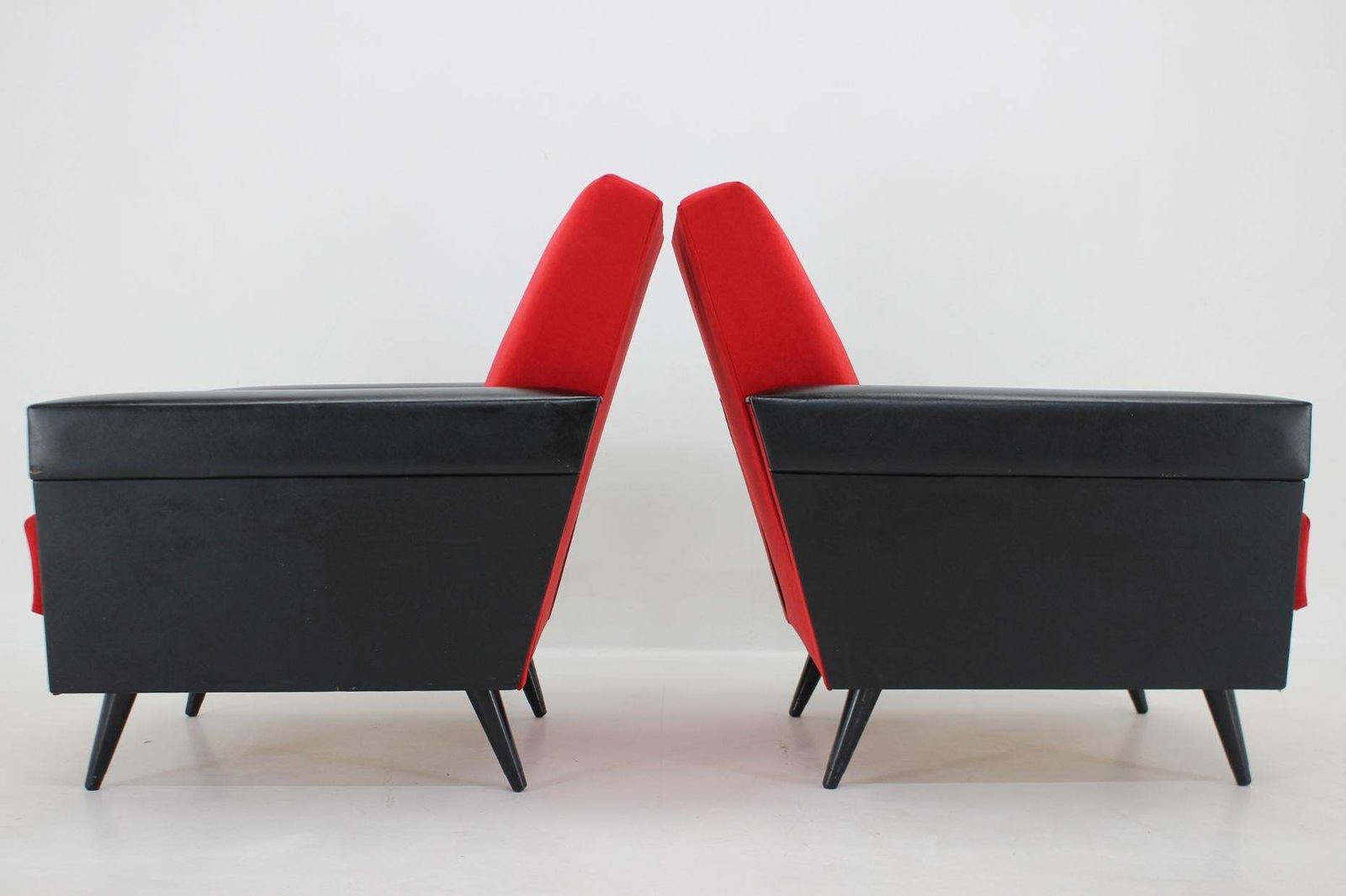 1970's Pair Of Leatherette And Red Fabric Armchairs, Czechoslovakia photo buy