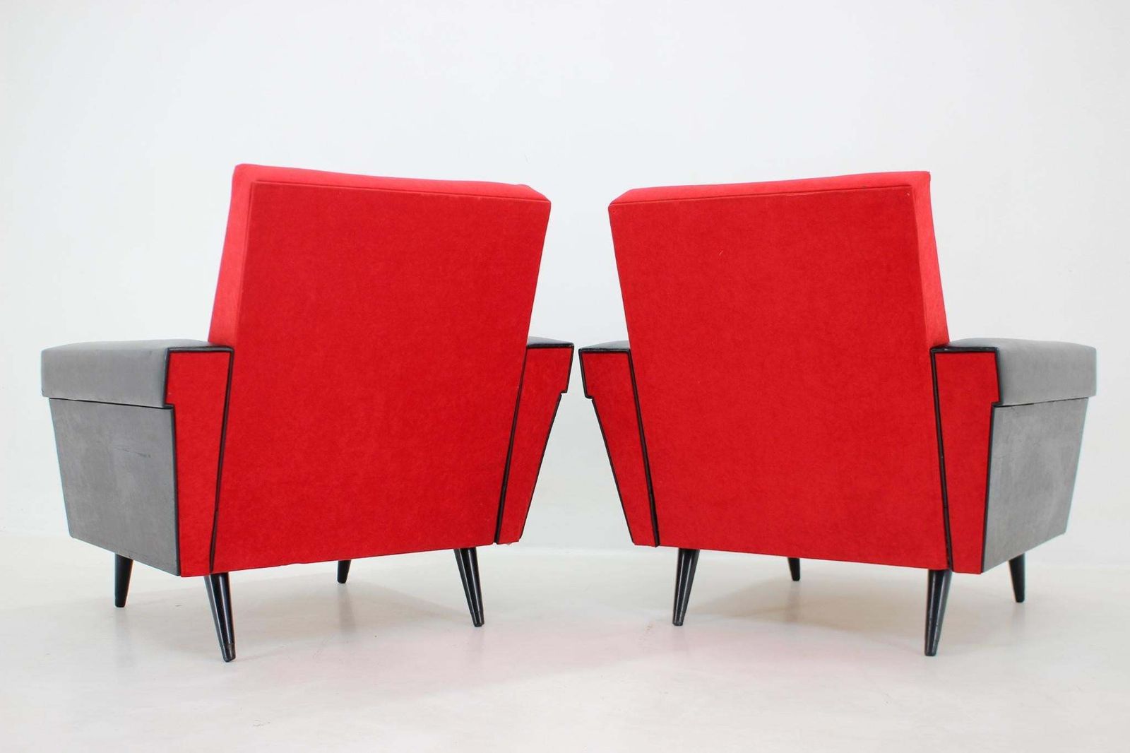 1970's Pair Of Leatherette And Red Fabric Armchairs, Czechoslovakia photo vintage