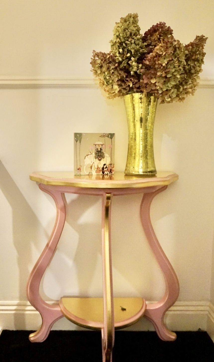 Half Moon Dusty Pink And Gold Console Table, With Curved Legs, Scalloped To Edge And Shelf.
