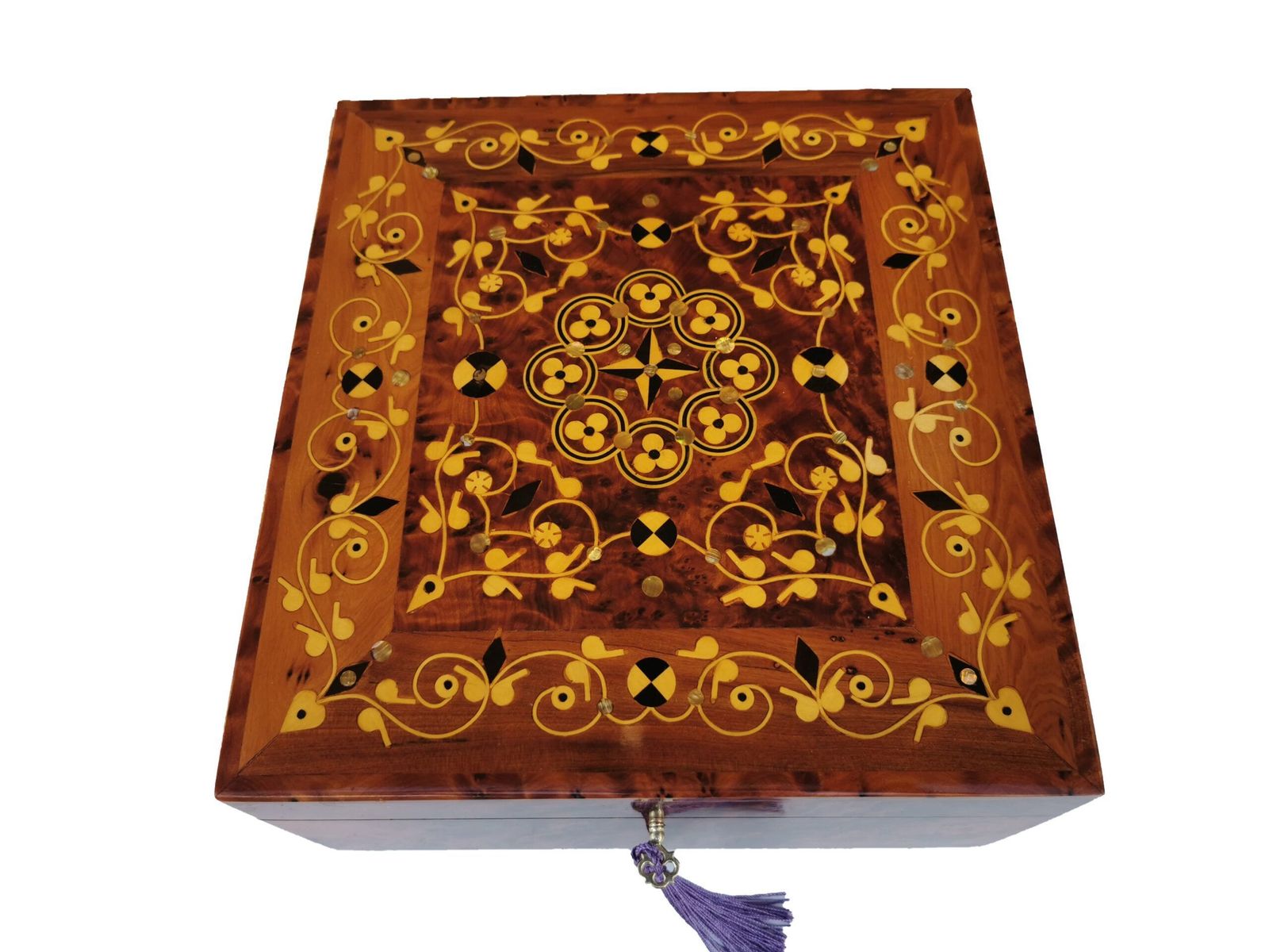 Handmade Inlaid Jewellery Box,Thuya Burr Inlaid With Lemon Wood, Ebony And Mother Of Pearl photo for sale