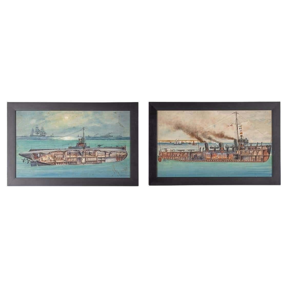 Pair Of Warship Paintings By Charles De Lacy, British 1856 1929