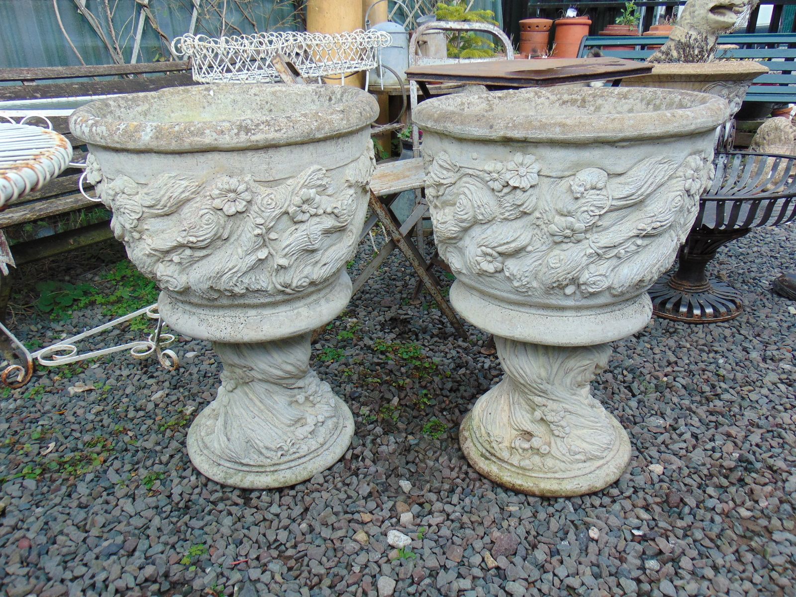 Pair Large Weathered Reconstituted Stone Urns Decorated With Flowers photo furniture