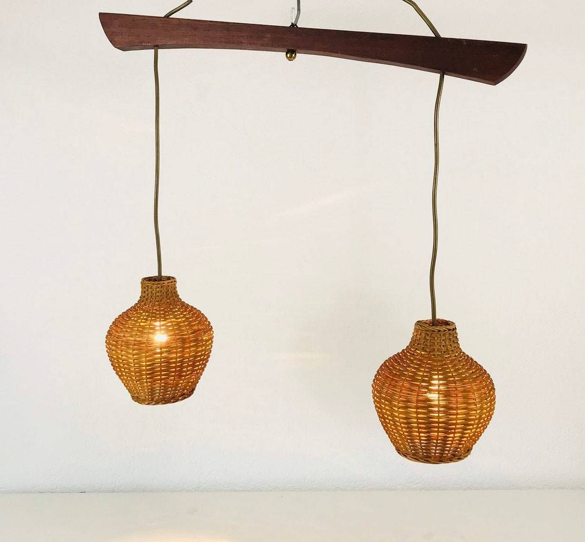 Mid Century Modern Rare Pendant Light   Rattan Shade   Teak Hanging Lamp   Cone Shape   1960s photo furniture