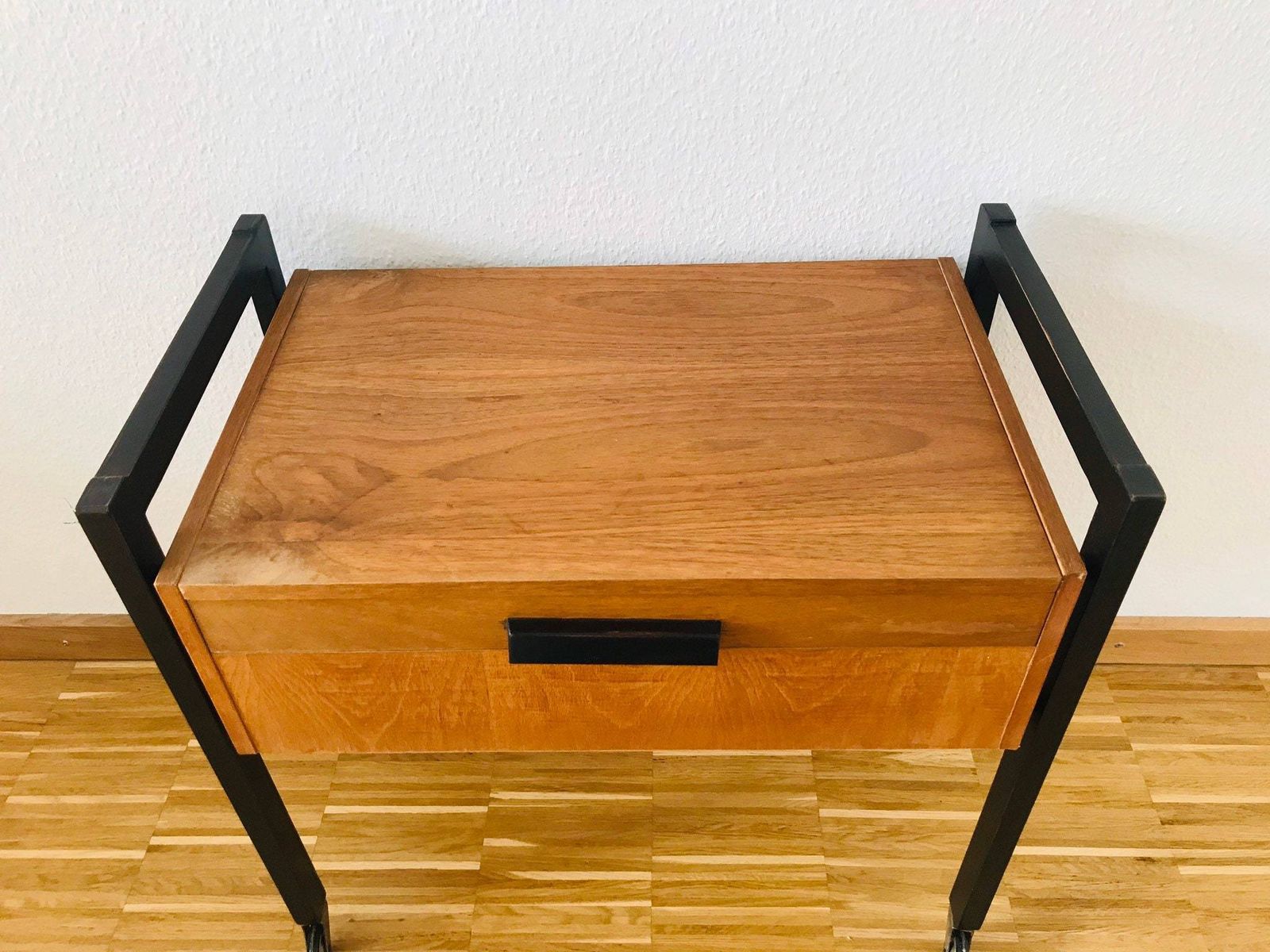 Mid Centuy Modern Metan And Woodwn Sewing Box On Wheels   Germany   1960s photo vinterior
