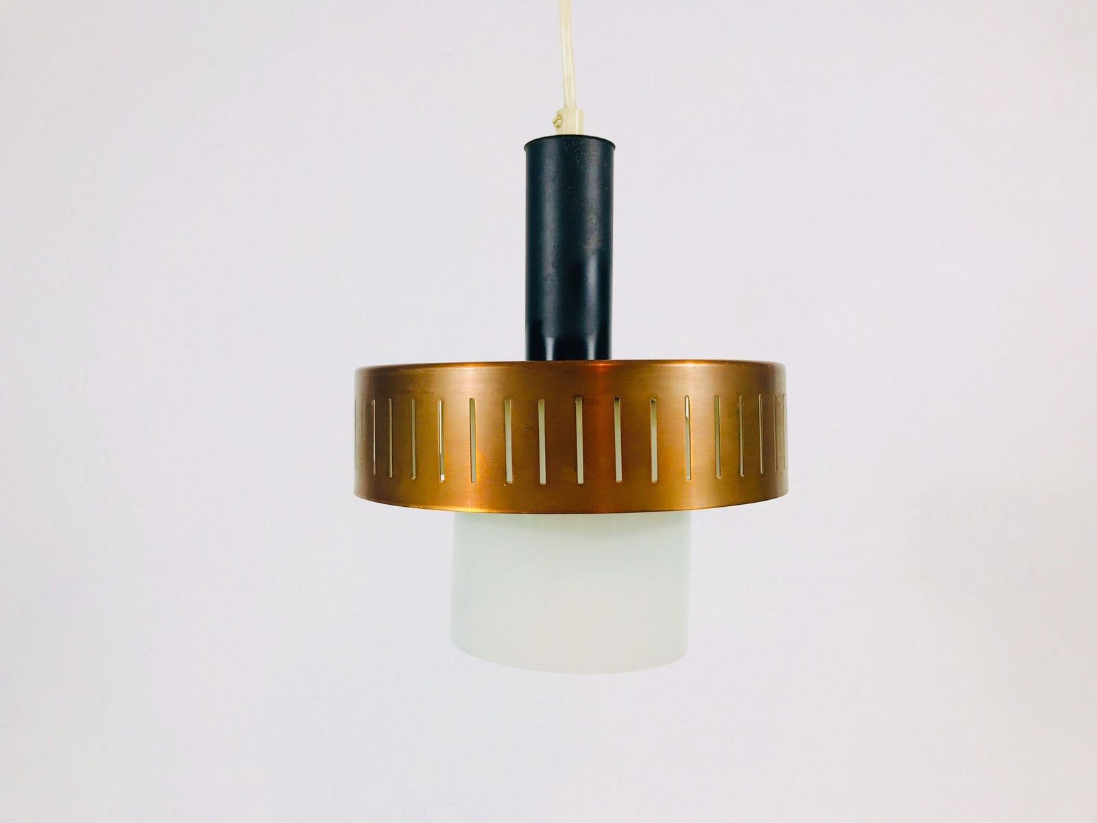 Copper Hanging Lamp   Metal Body   Opaline Glass Shade   Ddr Ceiling Lamp   1960s