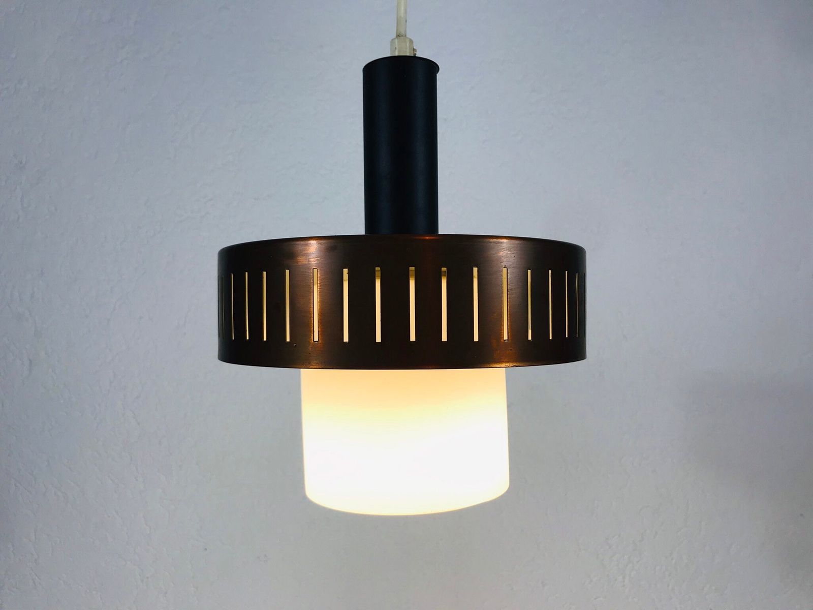 Copper Hanging Lamp   Metal Body   Opaline Glass Shade   Ddr Ceiling Lamp   1960s photo furniture