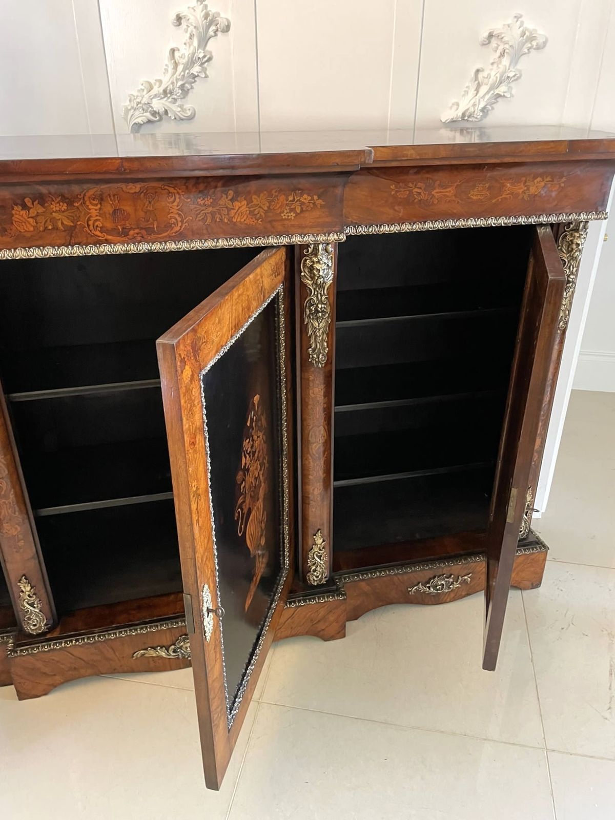 Outstanding Quality Large Antique  19th Century Inlaid Floral Marquetry Burr Walnut Ormolu Mounted Credenza photo Furniture