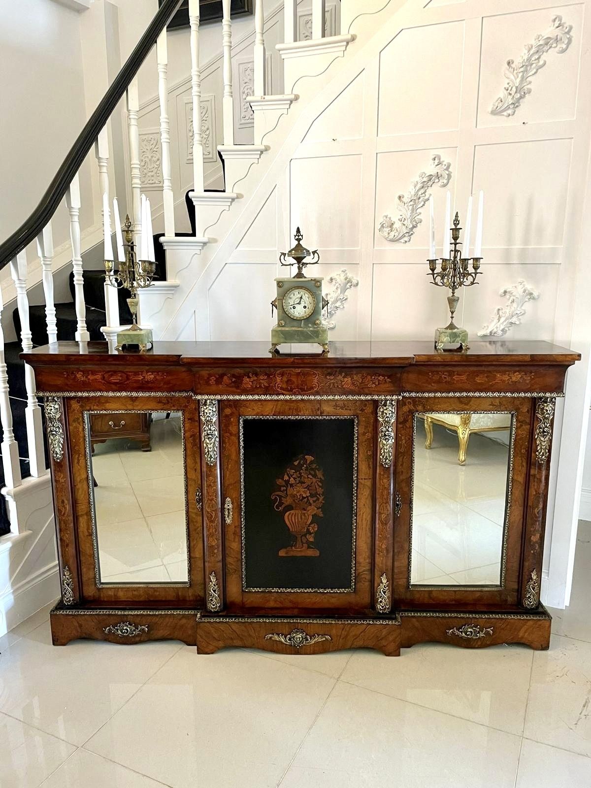 photo vinterior Outstanding Quality Large Antique  19th Century Inlaid Floral Marquetry Burr Walnut Ormolu Mounted Credenza