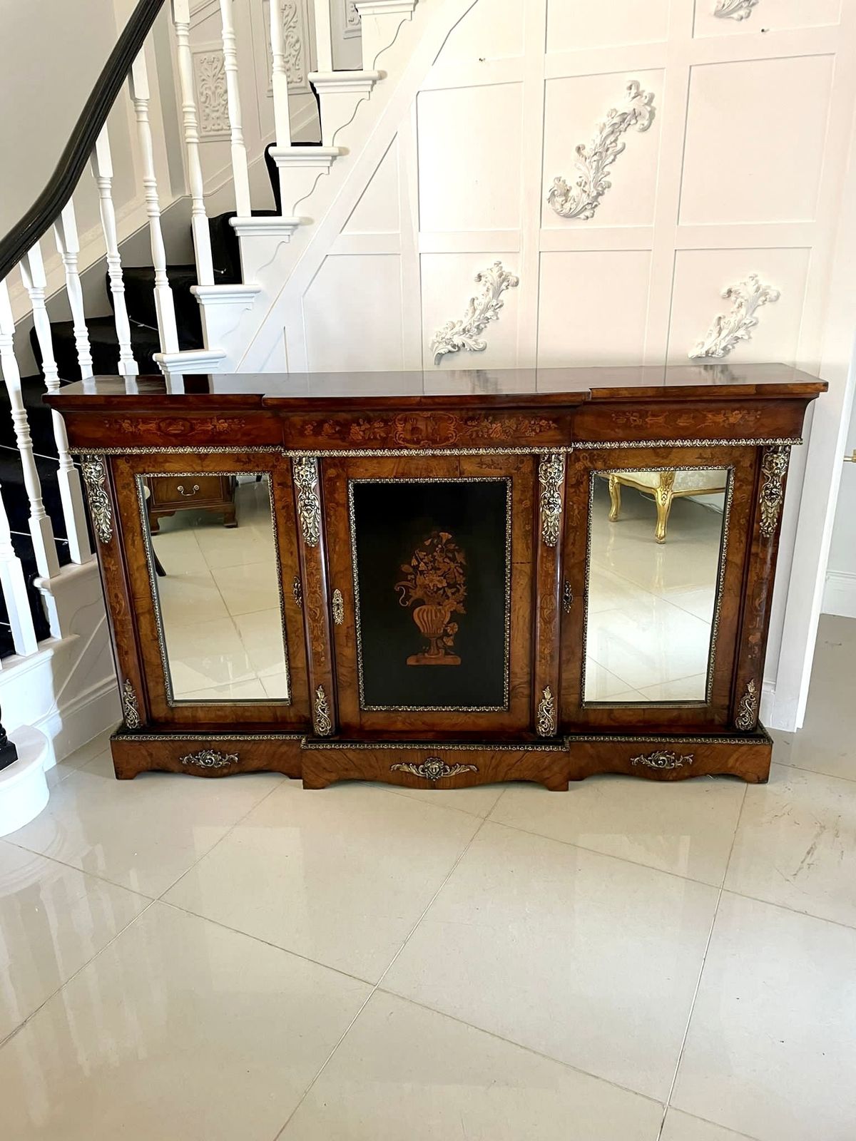 Outstanding Quality Large Antique  19th Century Inlaid Floral Marquetry Burr Walnut Ormolu Mounted Credenza