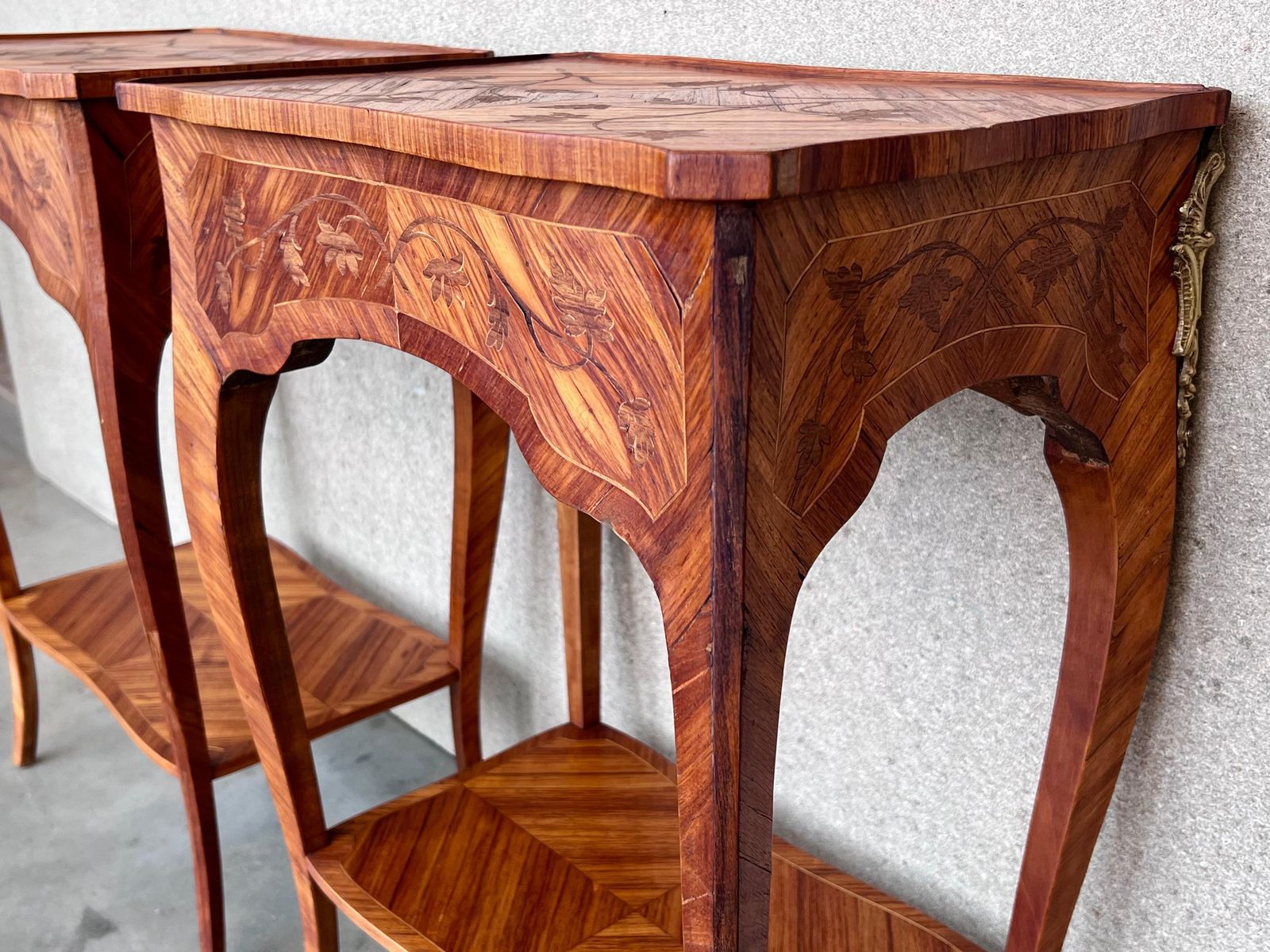 18th Century Style French Louis XV Marquetry Side Table Or Nightstands, A Pair photo vinterior
