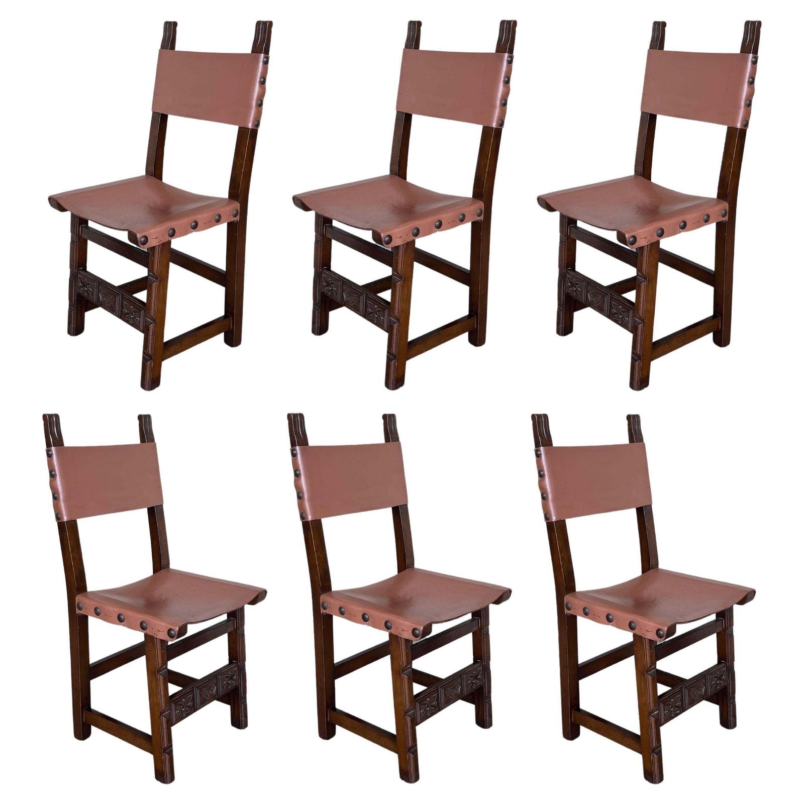 19th Set Of Six Spanish Carved Chairs With Leather Seat And Back