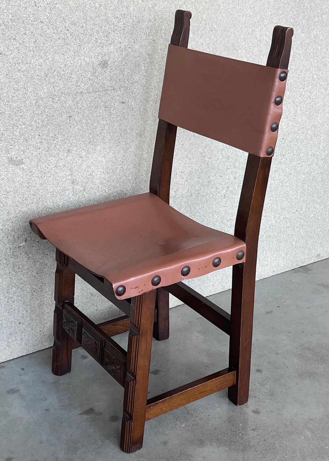19th Set Of Six Spanish Carved Chairs With Leather Seat And Back photo for sale