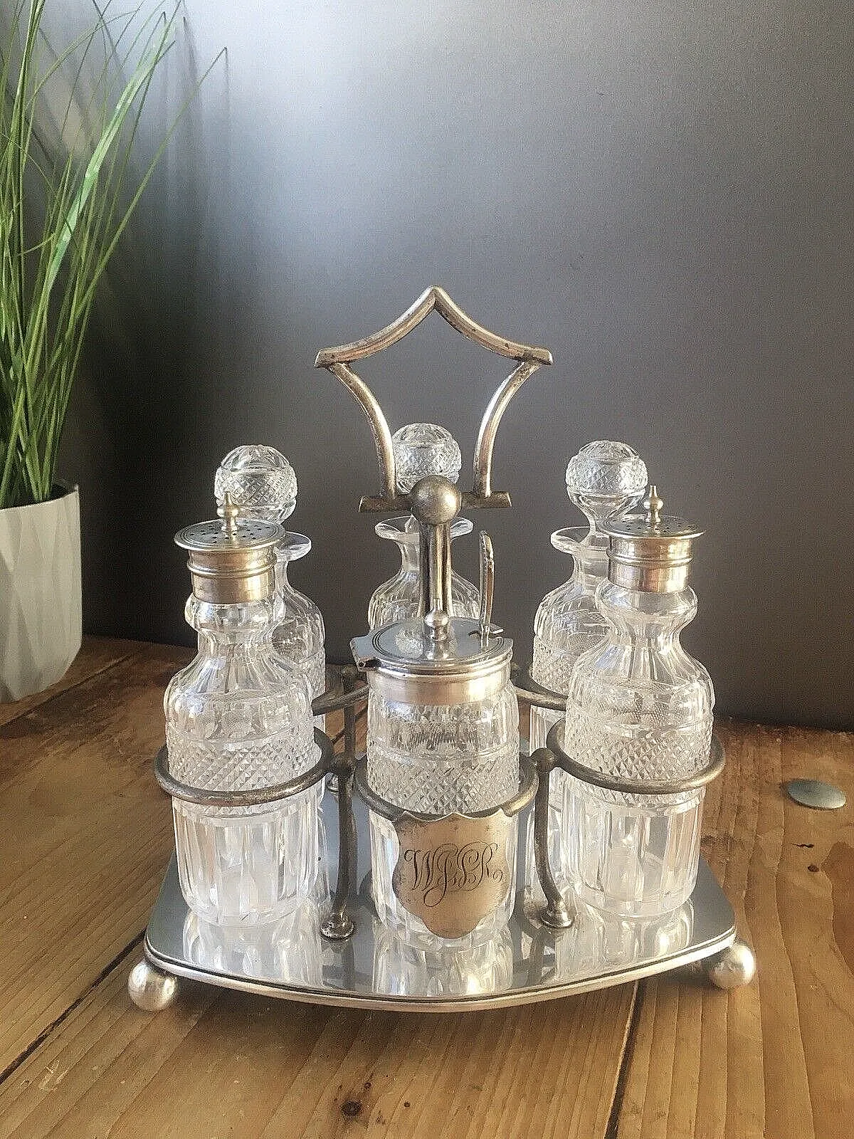 Exceptional Antique Richard Richardson 6 Bottle Cut Glass Cruet Set & Epns Stand photo furniture
