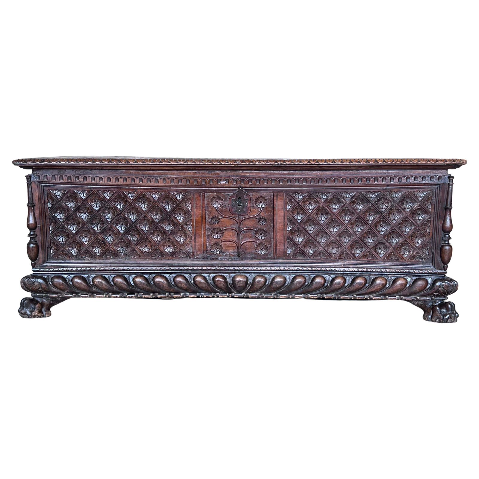 17th Century Italian Carved Cassone Trunk With Original Hardware