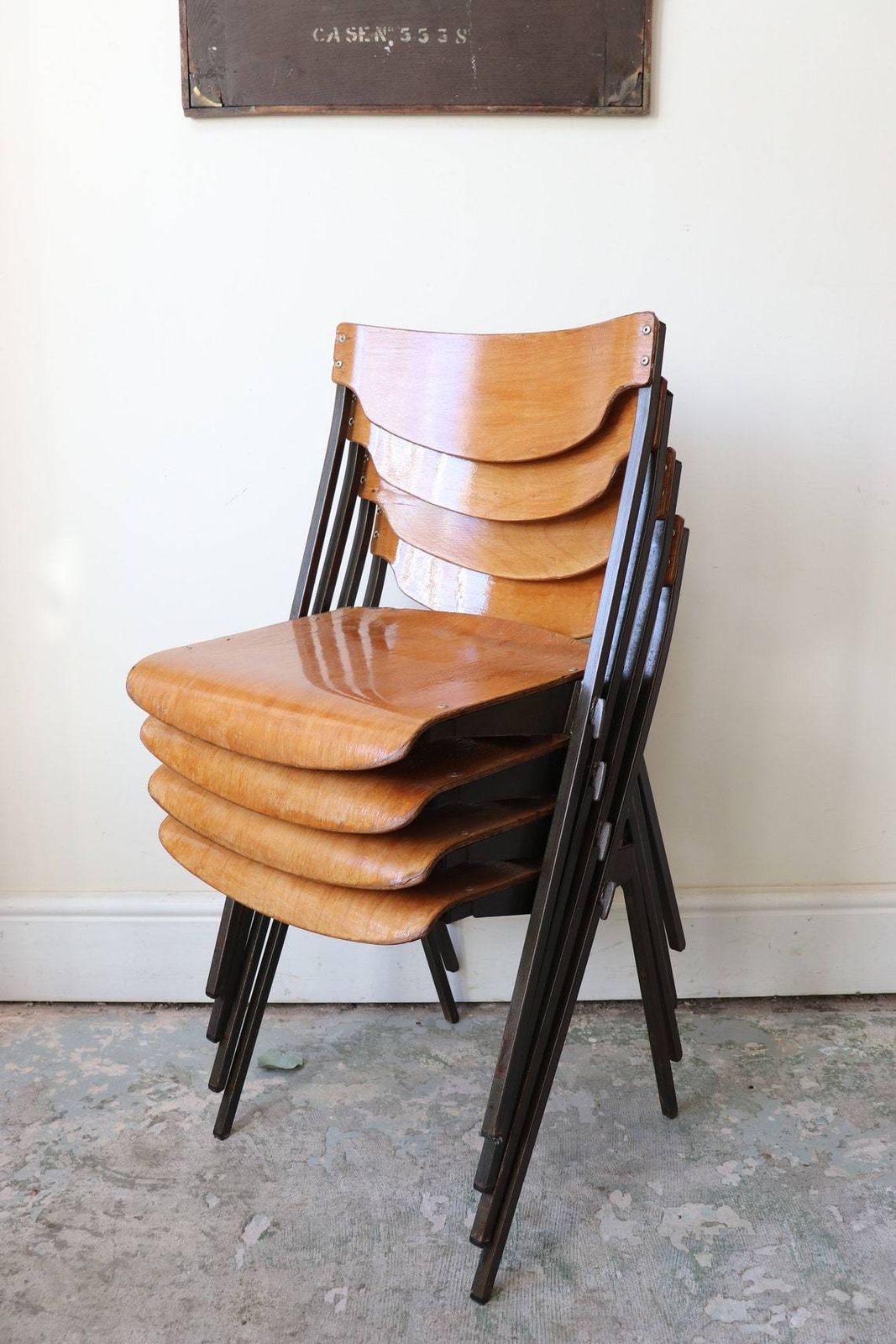 photo for sale Great Set Of Four Mid Century French Stacking Chairs