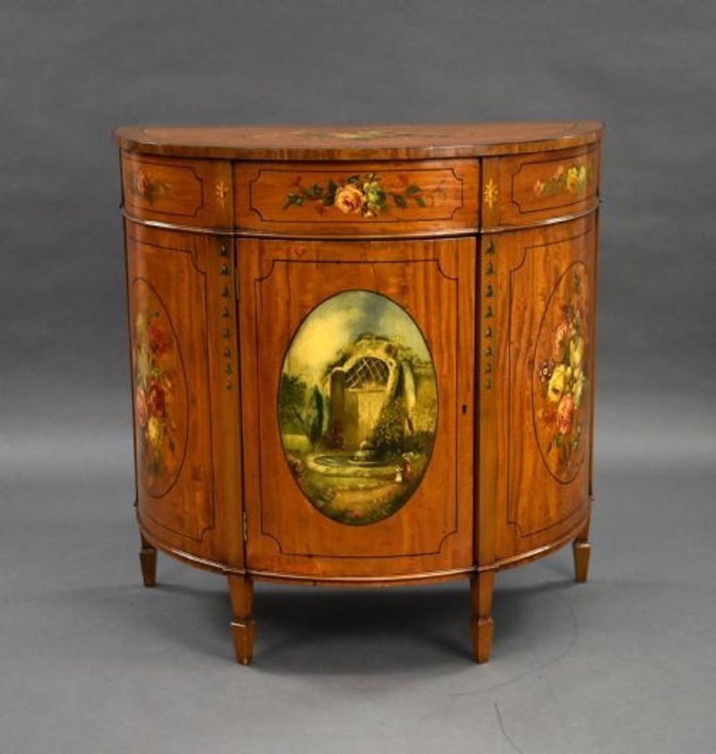 Edwardian Satinwood Hand Painted Demi Lune Side Cabinet photo furniture