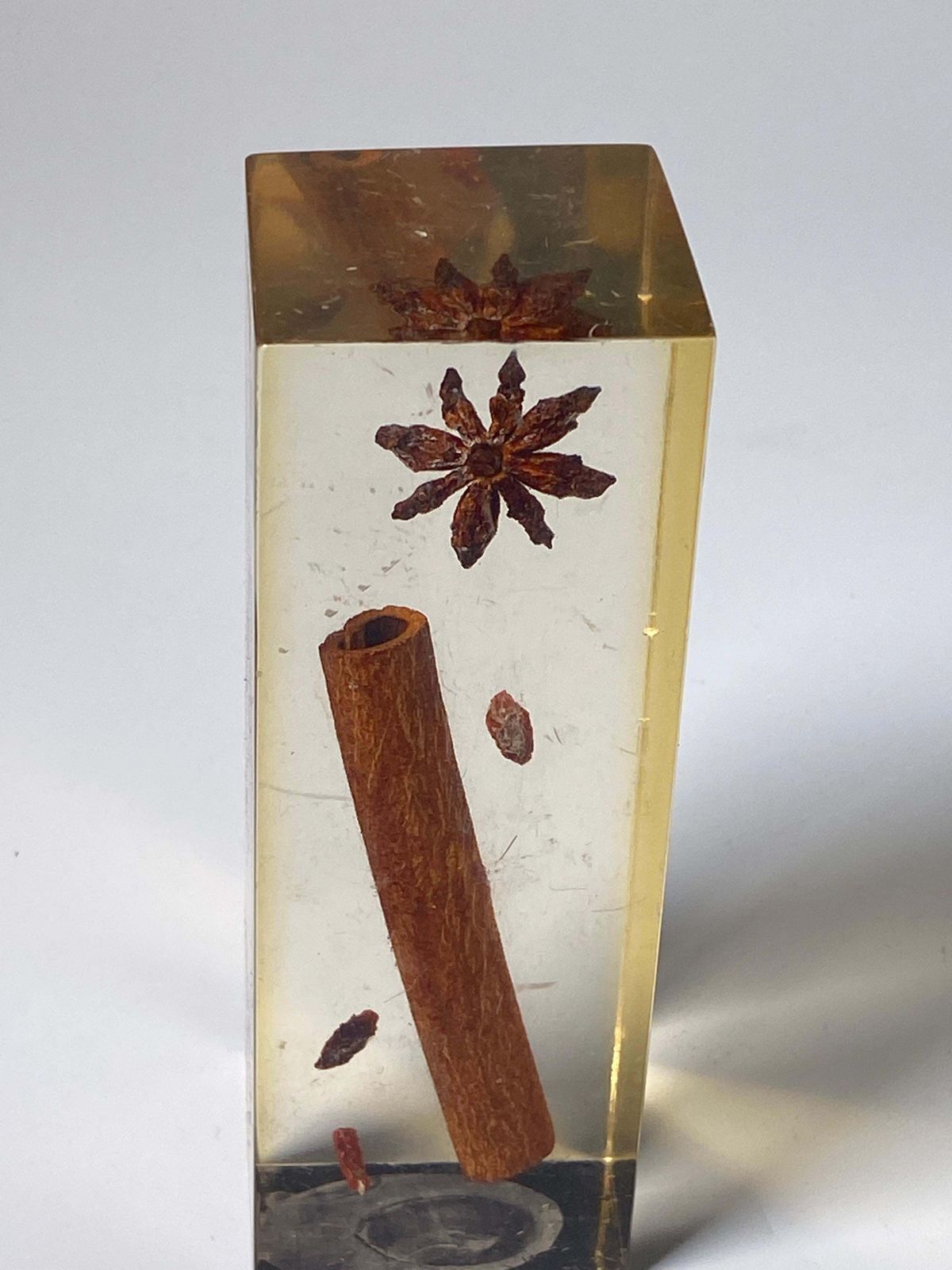 French 1970s Lucite Resin Cube Sculpture With Vanilla Parts Inclusions photo vinterior