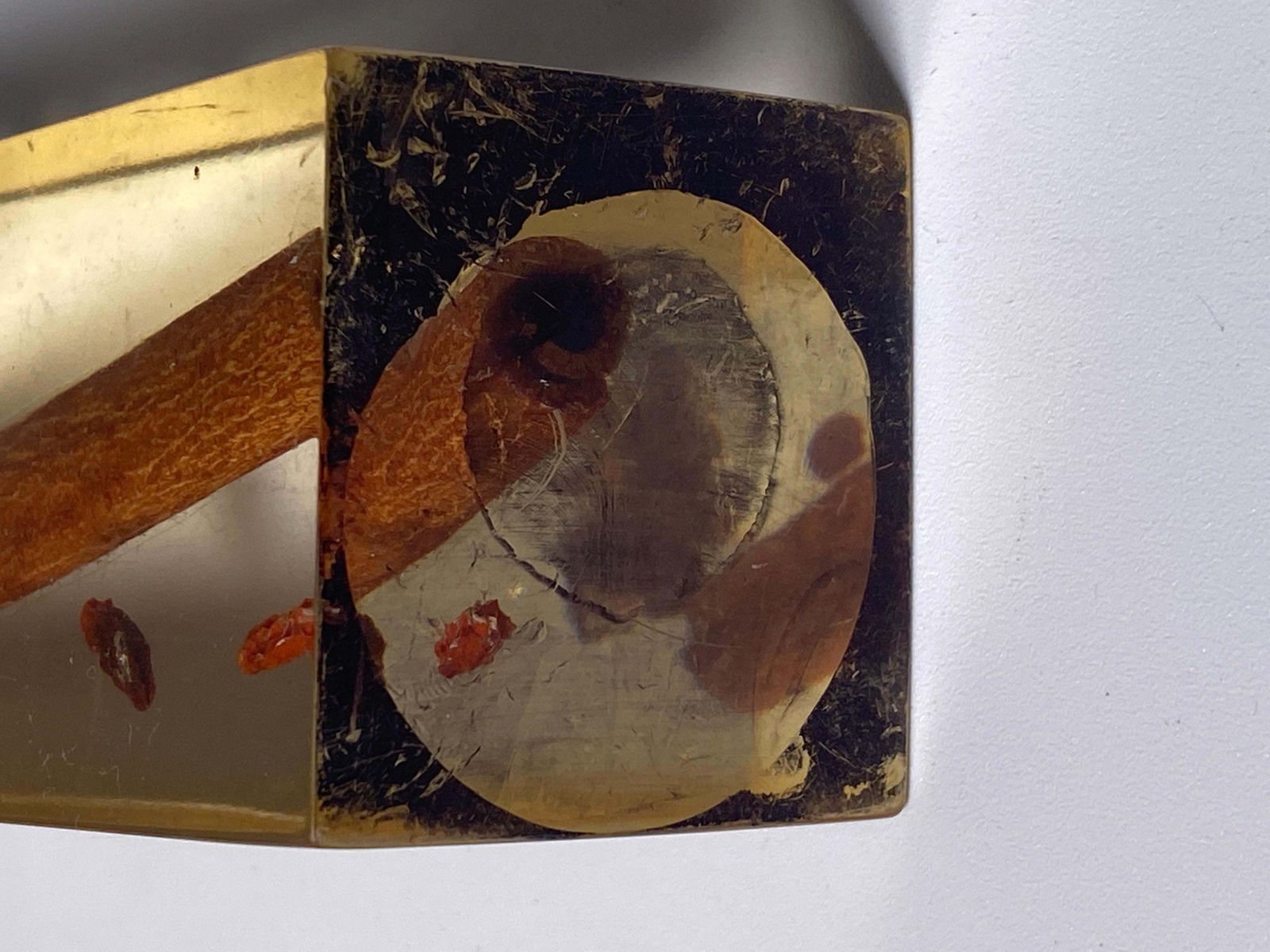 French 1970s Lucite Resin Cube Sculpture With Vanilla Parts Inclusions photo buy