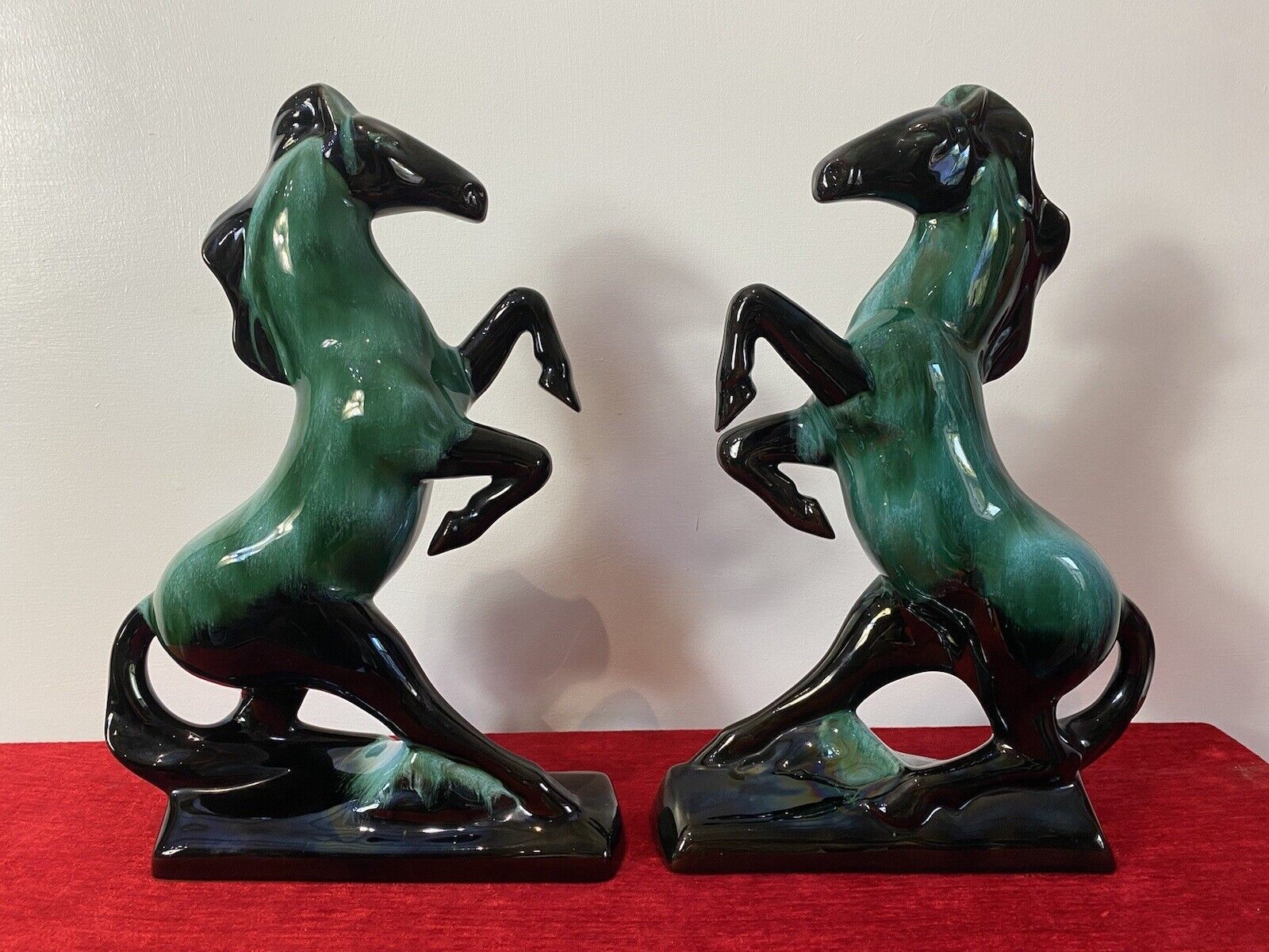 Pair Of Art Deco Style Terracotta Teal Drip Glazed Rearing Stallion Figurines