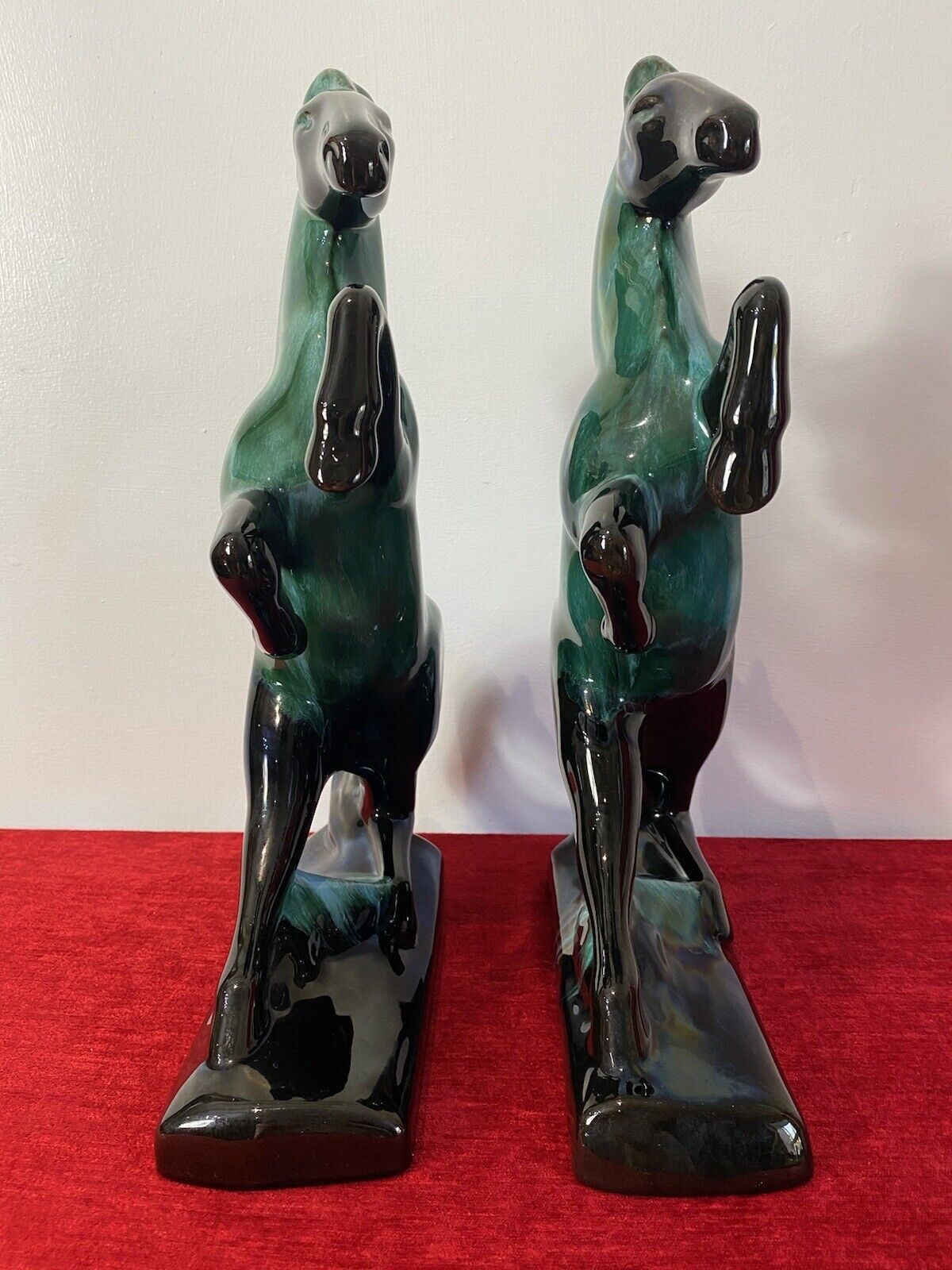 Pair Of Art Deco Style Terracotta Teal Drip Glazed Rearing Stallion Figurines photo for sale