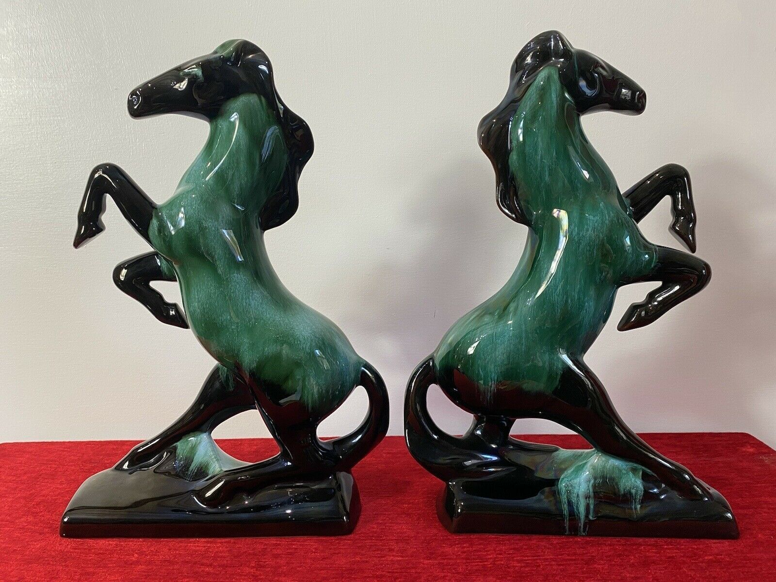 Pair Of Art Deco Style Terracotta Teal Drip Glazed Rearing Stallion Figurines photo Home Decor