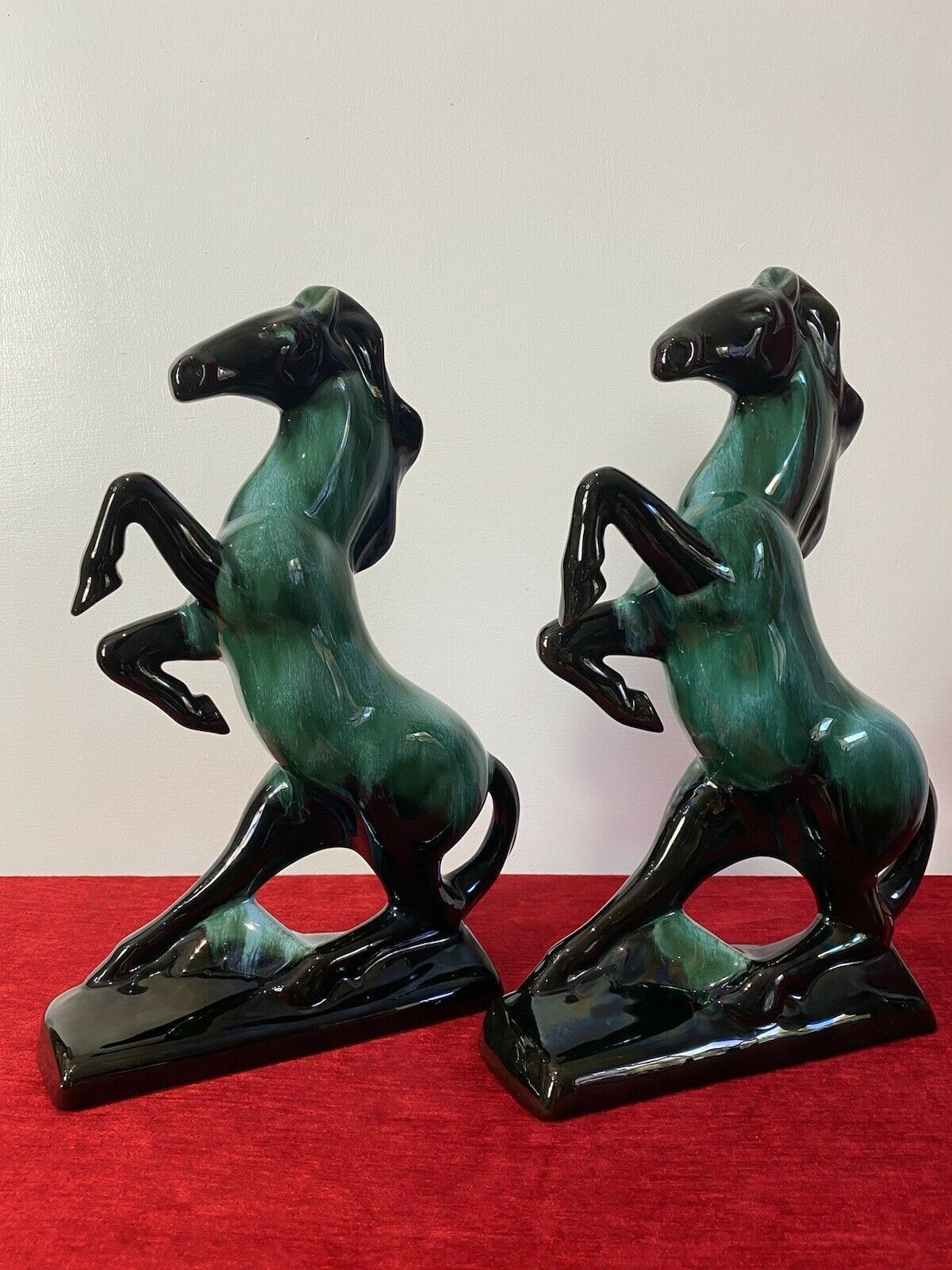 Pair Of Art Deco Style Terracotta Teal Drip Glazed Rearing Stallion Figurines photo buy