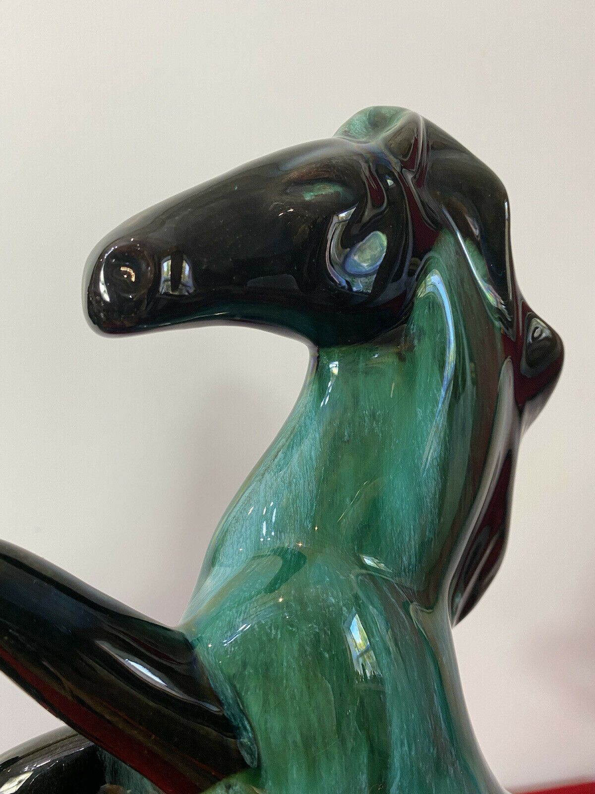 Pair Of Art Deco Style Terracotta Teal Drip Glazed Rearing Stallion Figurines photo vintage