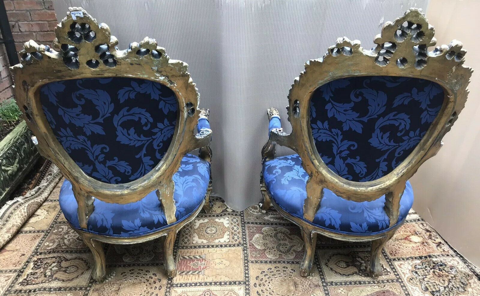 photo for sale Fine Antique Chateau Blue Silk Demask & Carved Giltwood 3 Piece Boudoir Suite