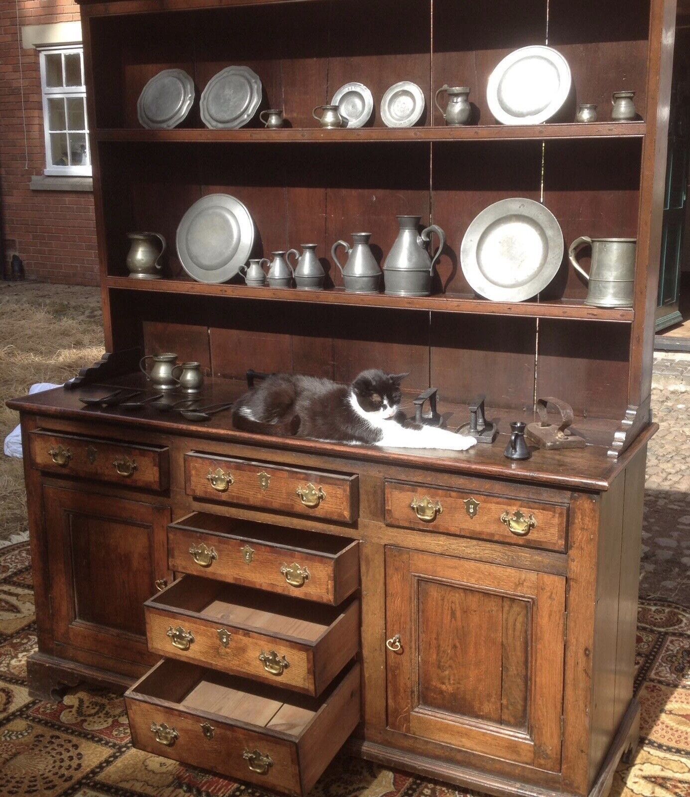 18th Century Period Oak Lancashire Dresser Complete With Pewter Collection photo furniture