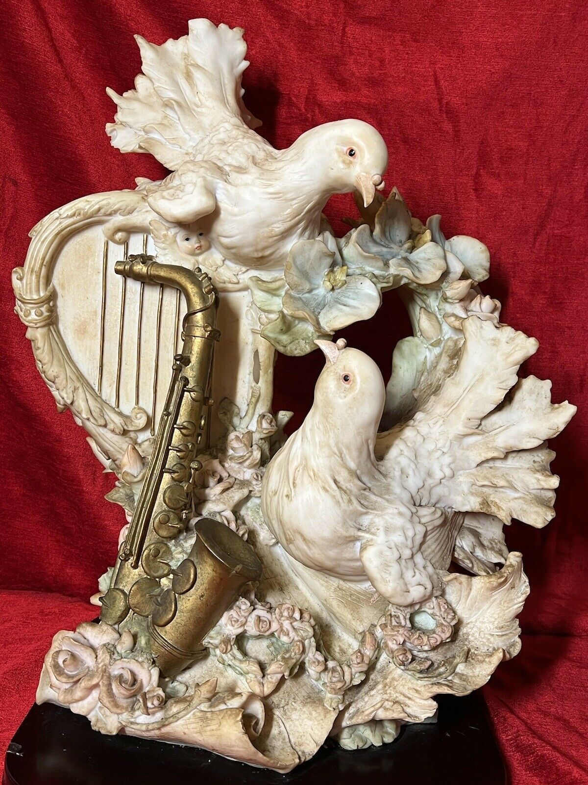 Large Italianate Romantic Turtle Doves Musical Showpiece On Wood Plinth Signed photo for sale