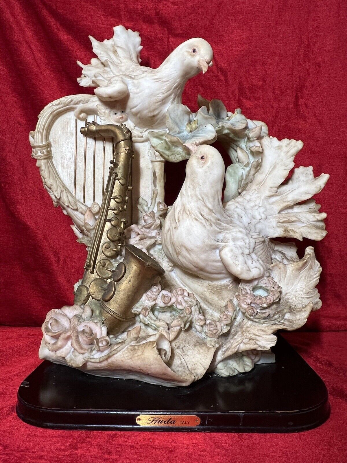 photo for sale Large Italianate Romantic Turtle Doves Musical Showpiece On Wood Plinth Signed