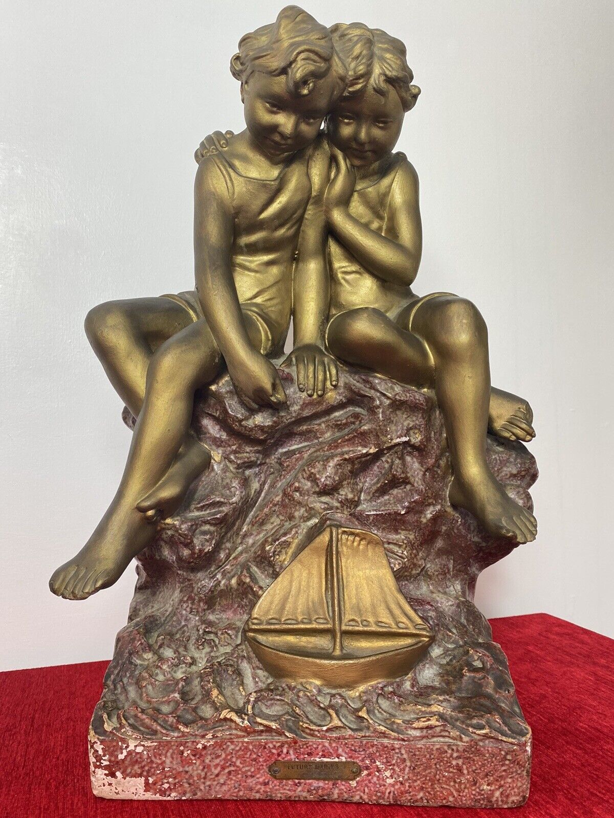 French Art Nouveau Gilt Children Upon Rock With Sailboat Rouge Marbled Sculpture