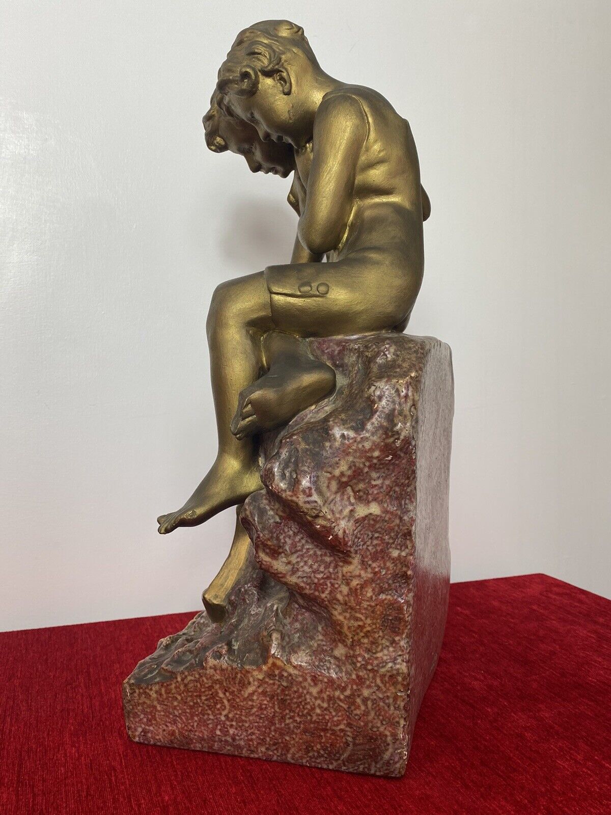 French Art Nouveau Gilt Children Upon Rock With Sailboat Rouge Marbled Sculpture photo buy